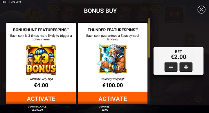 Boni BonusHunt FeatureSpins und Thunder FeatureSpins in Arc Lord